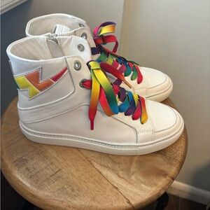 Zadig & Voltaire High Flash Pride sneakers white leather rainbow laces new 37